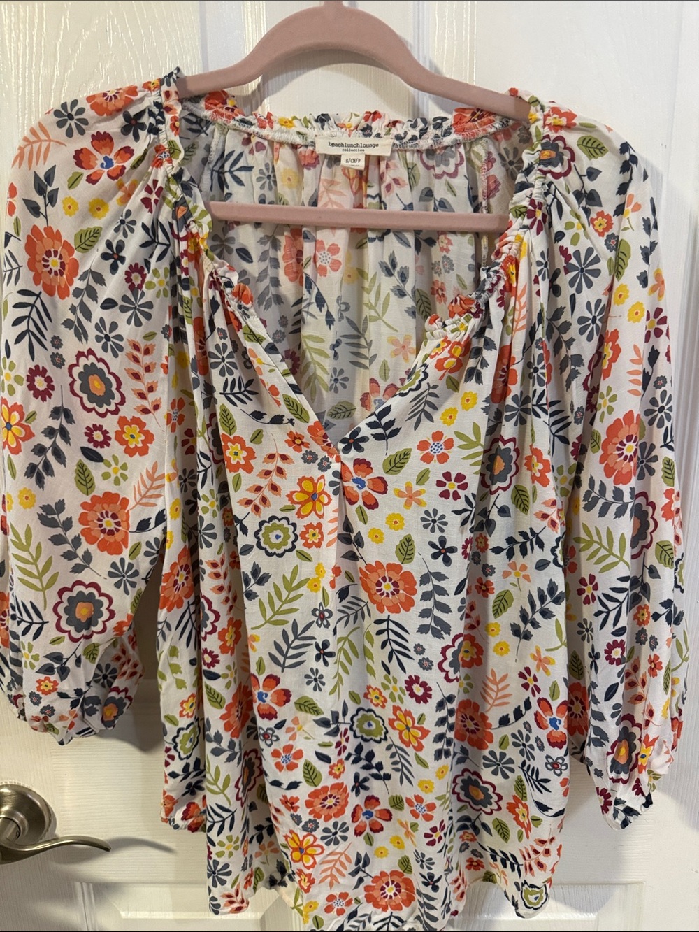 COLORFUL & HIP!! Floral Peasant Tunic in White with Orange, Yellow & Navy